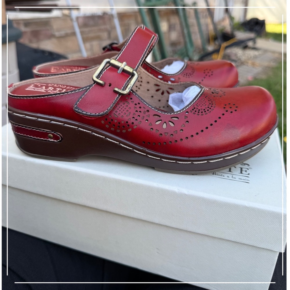 Spring Step L'Artiste Aneri Red Leather Laser Cut Clog Mules Womens 38 US 7.5-8